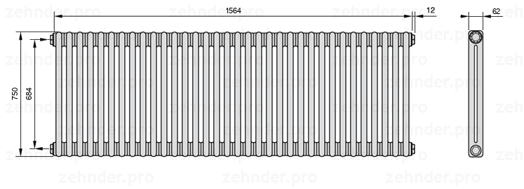 Схема (чертеж) Радиатор Zehnder Charleston 2075/34 №1270 Белый глянцевый RAL 9016